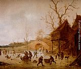 A Winter Landscape With Skaters, Children Playing Kolf And Figures With Sledges On The Ice Near A Bridge